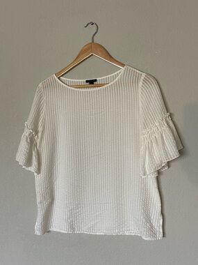 Ann Taylor Cream Textured Ruffle Bell Sleeve Blouse
